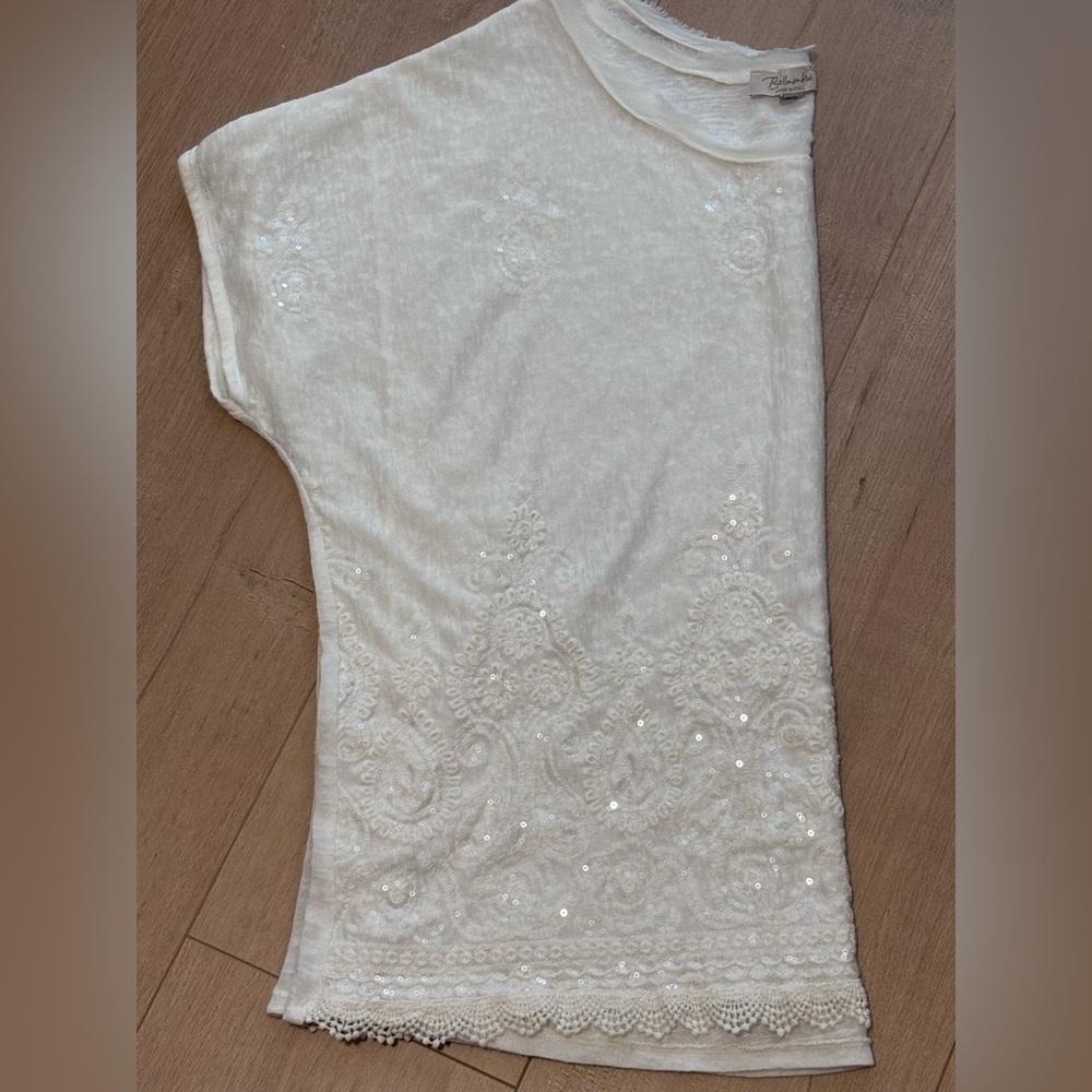 Bellambra Blouse creamy frayed neckline sequins lace made in Italy